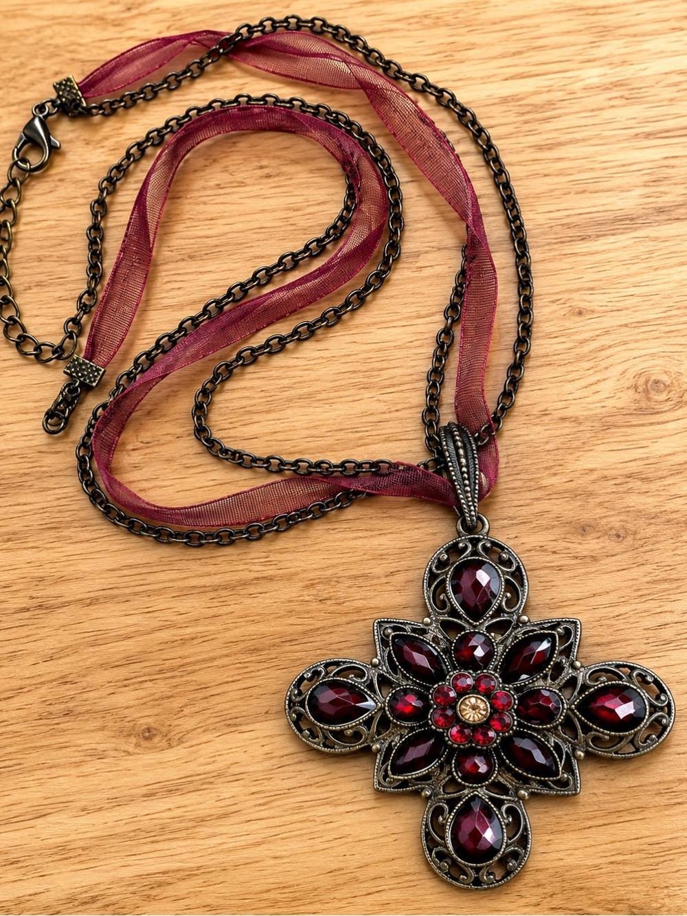 Vintage Style Garnet Red Crystal Cross Pendant Necklace Gothic Victorian Boho